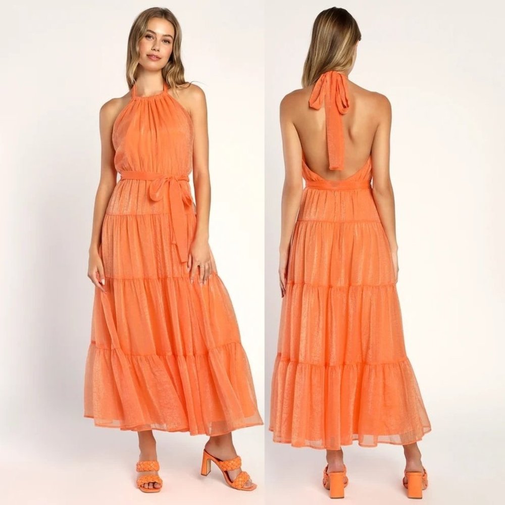 Lulu's Women Orange Tiered Halter Maxi Dress